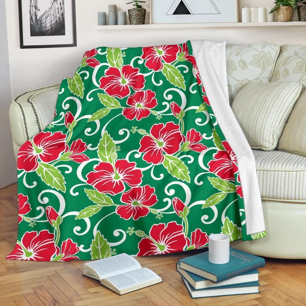Red Hibiscus Pattern Print Design Green Fleece Blanket