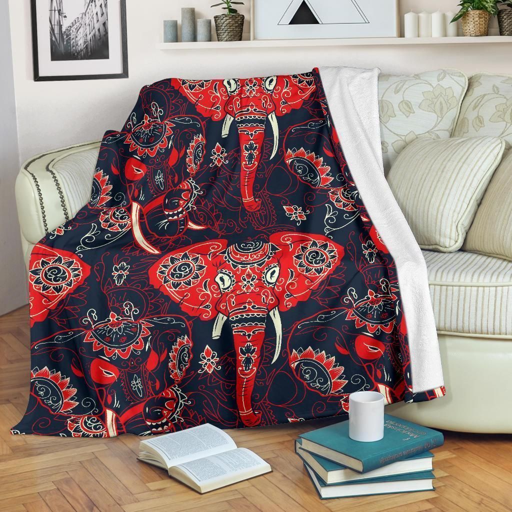 Red Indian Elephant Pattern Soft Fleece Blanket