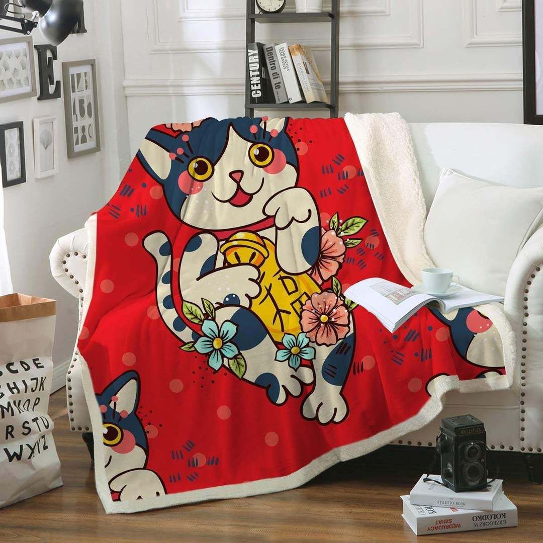 Red Lucky Cat Sherpa Fleece Blanket