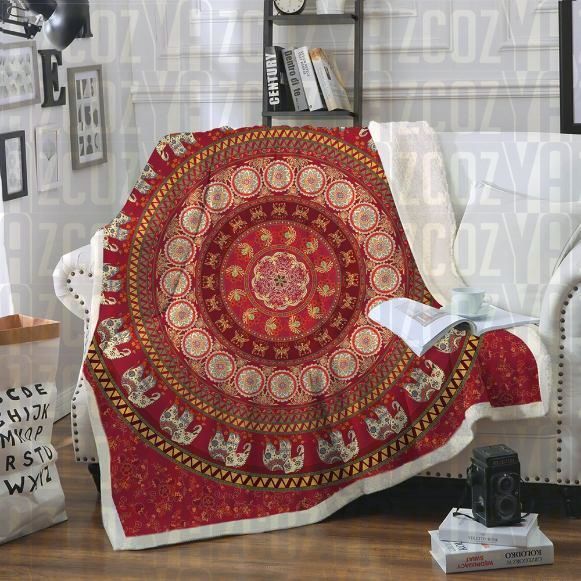 Red Mandala Elephant Sherpa Fleece Blanket