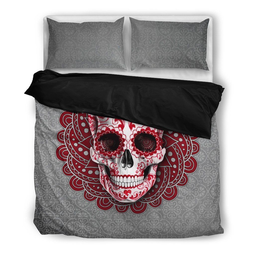 Red Mandala Grey Skull Printed Bedding Set