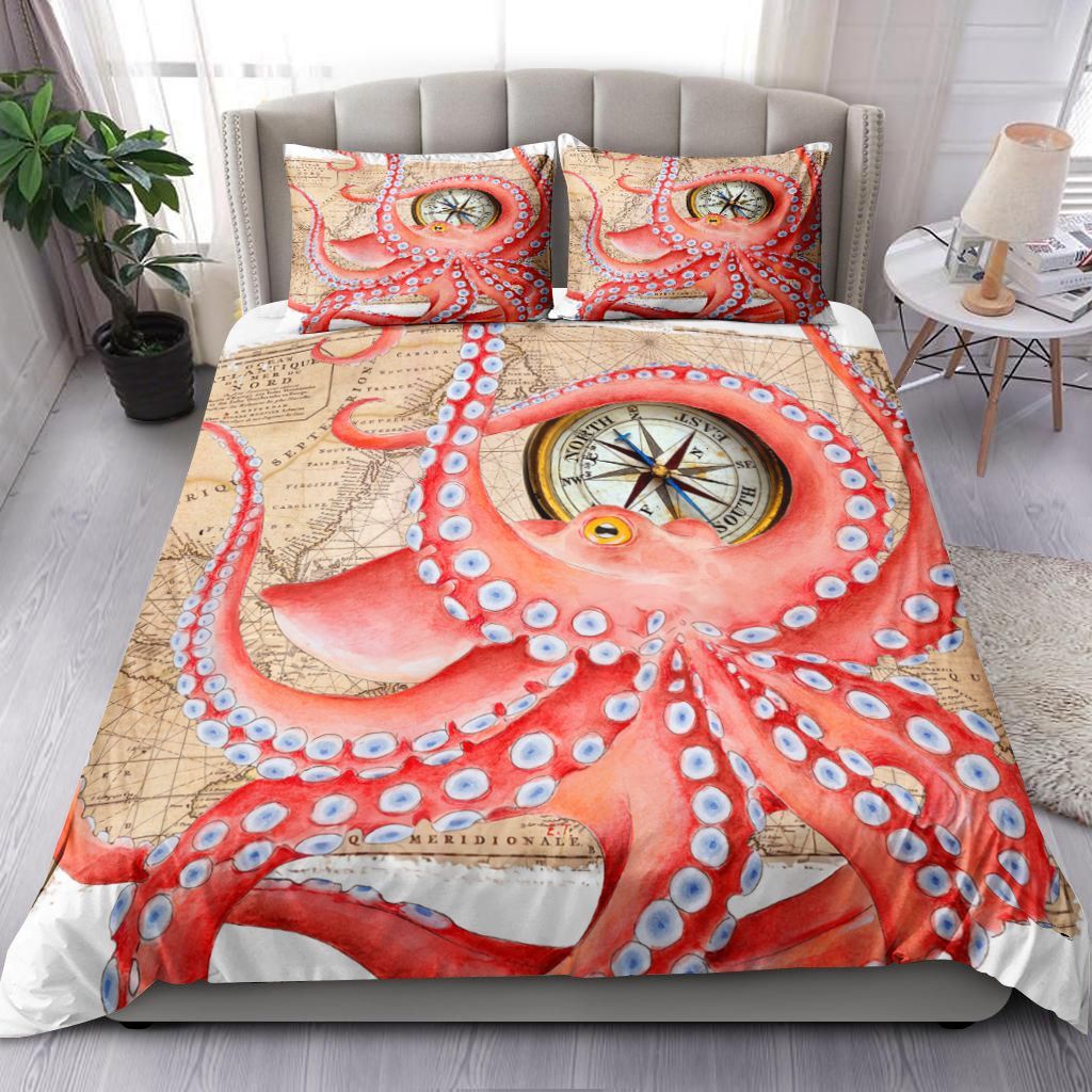 Red Octopus And Compass Bedding Set