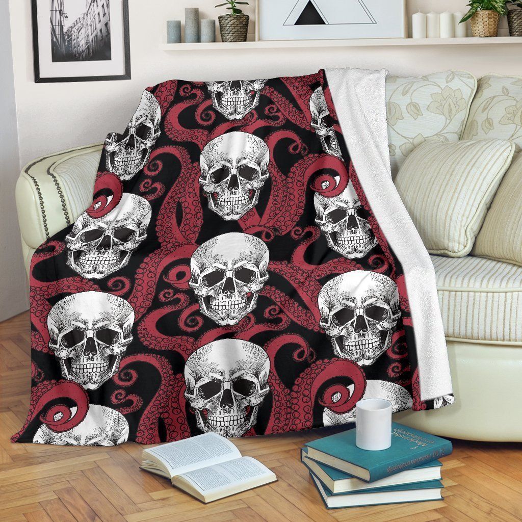 Red Octopus Skull Sherpa Fleece Blanket