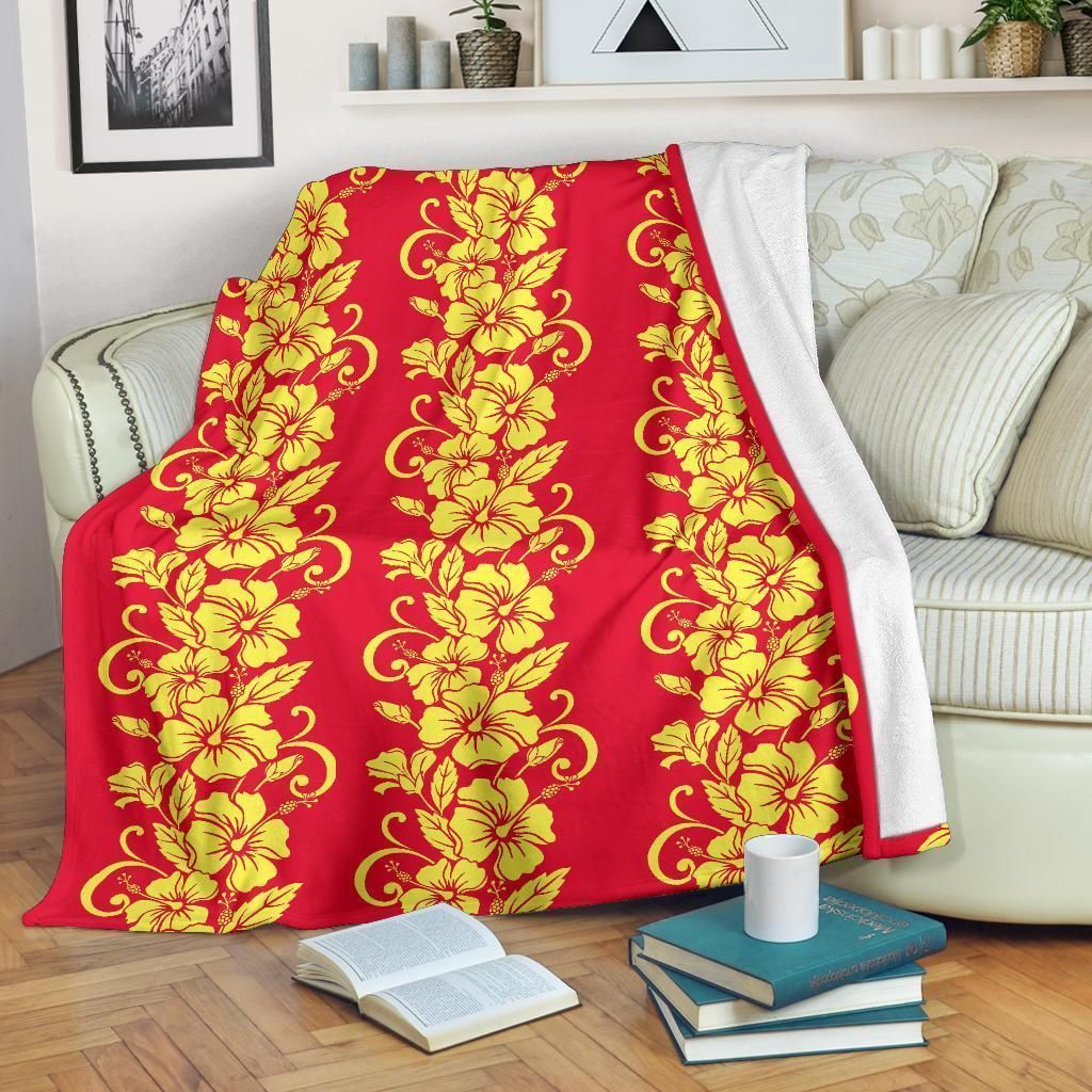 Red Orange Hibiscus Pattern Print Design Fleece Blanket