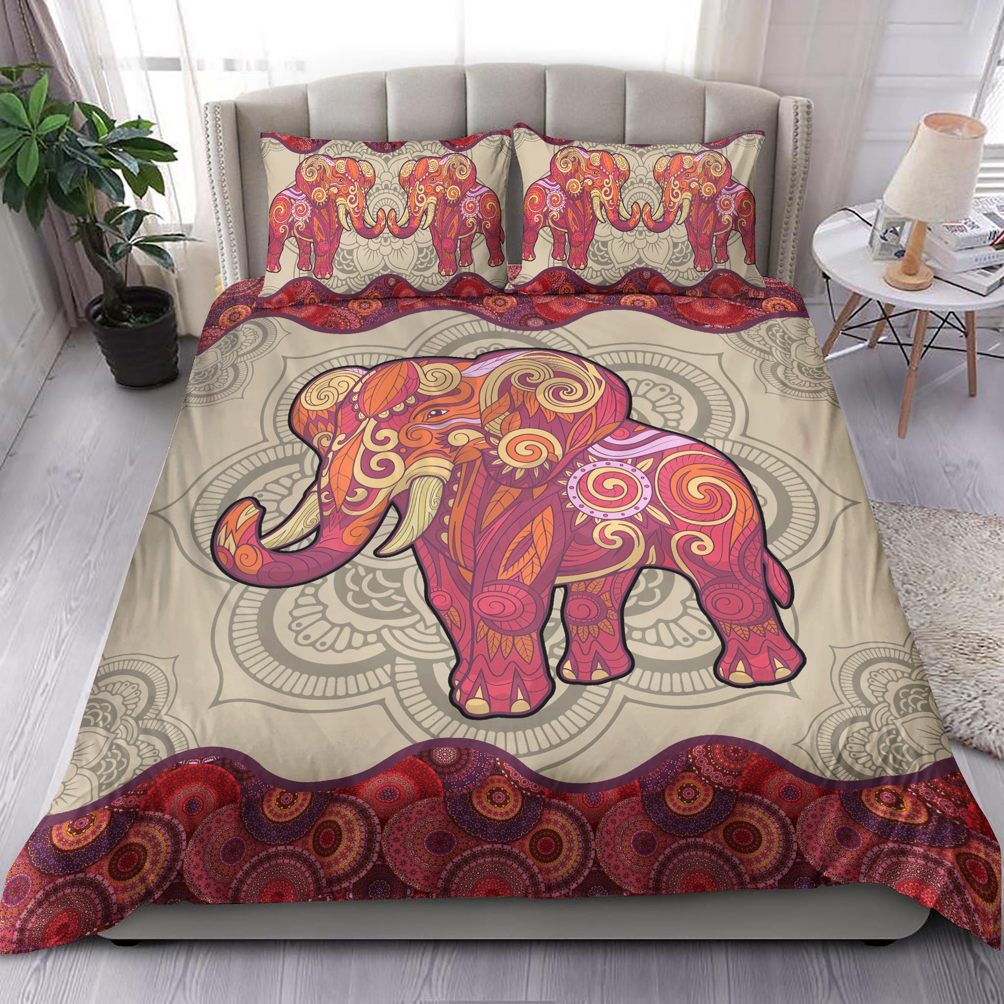 Red Patterned Elephant Mandala Bedding Set
