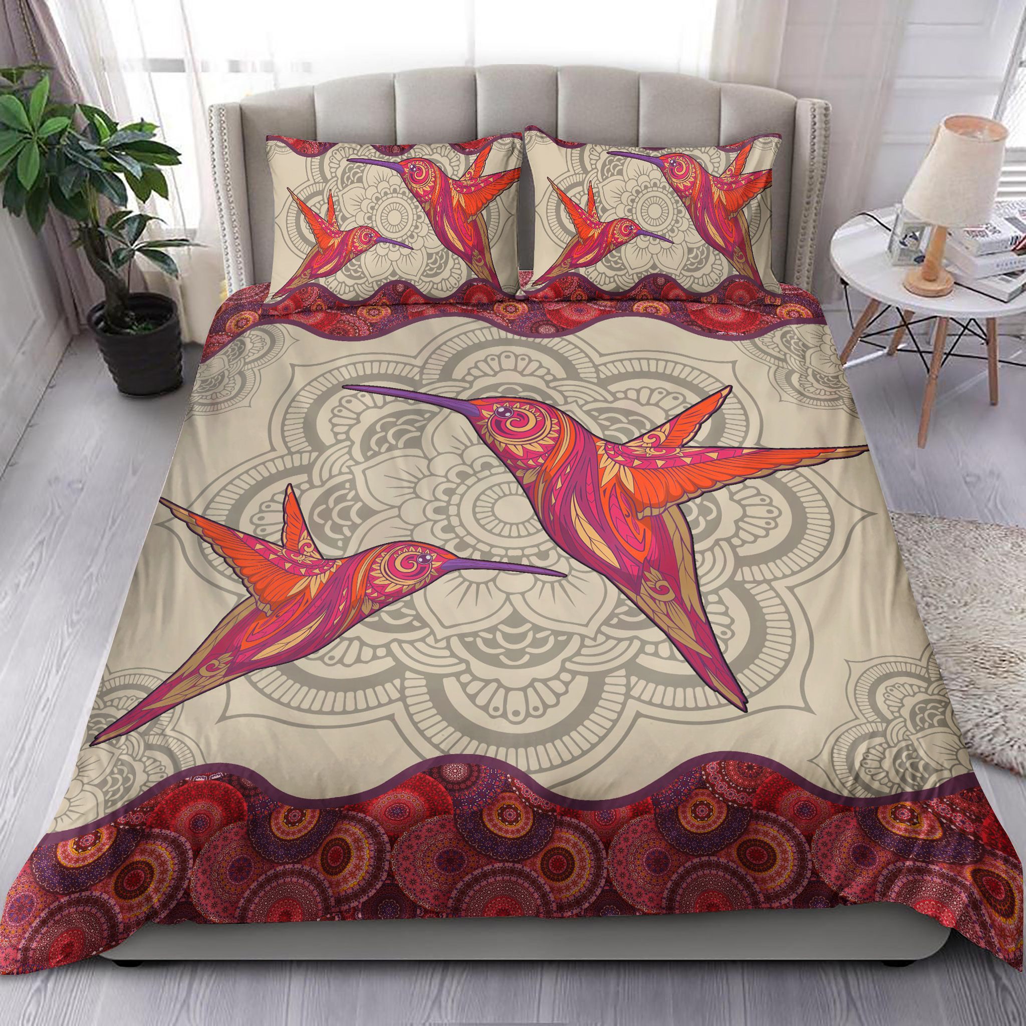 Red Patterned Hummingbird Mandala Bedding Set
