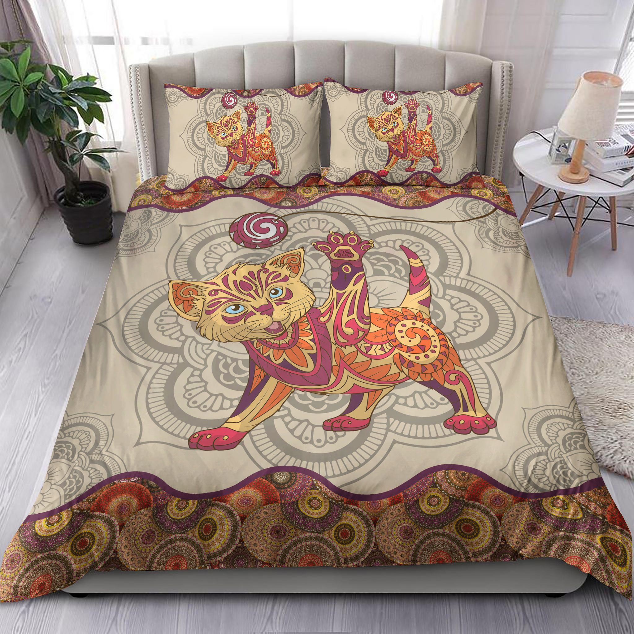 Red Patterned Kitten Mandala Bedding Set