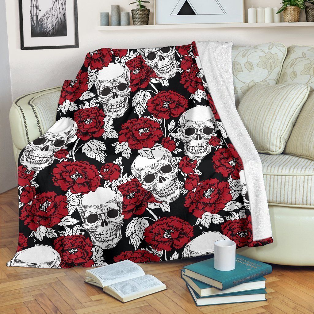 Red Peony Skull Sherpa Fleece Blanket
