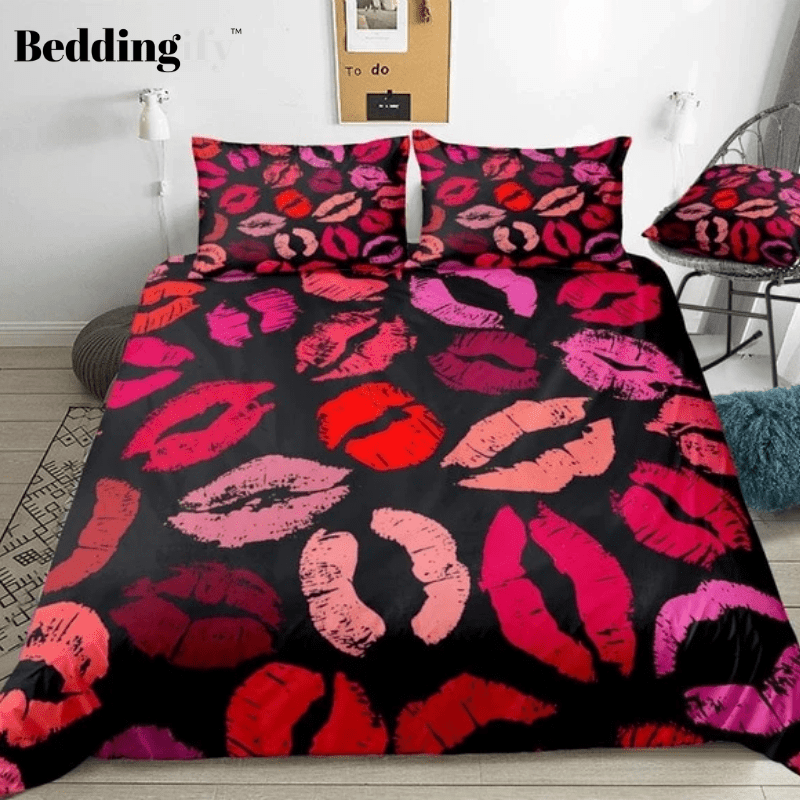 Red Pink Lips Kisses Bedding Set