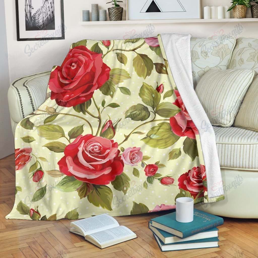 Red Pink Rose Floral Fleece Blanket