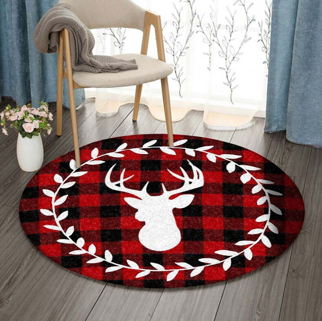 Red Plaid Deer Round Carpet