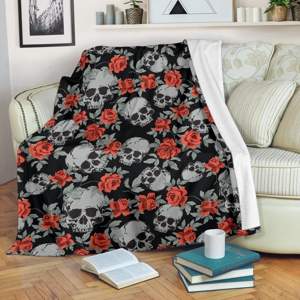 Red Rose Grey Skull Sherpa Fleece Blanket