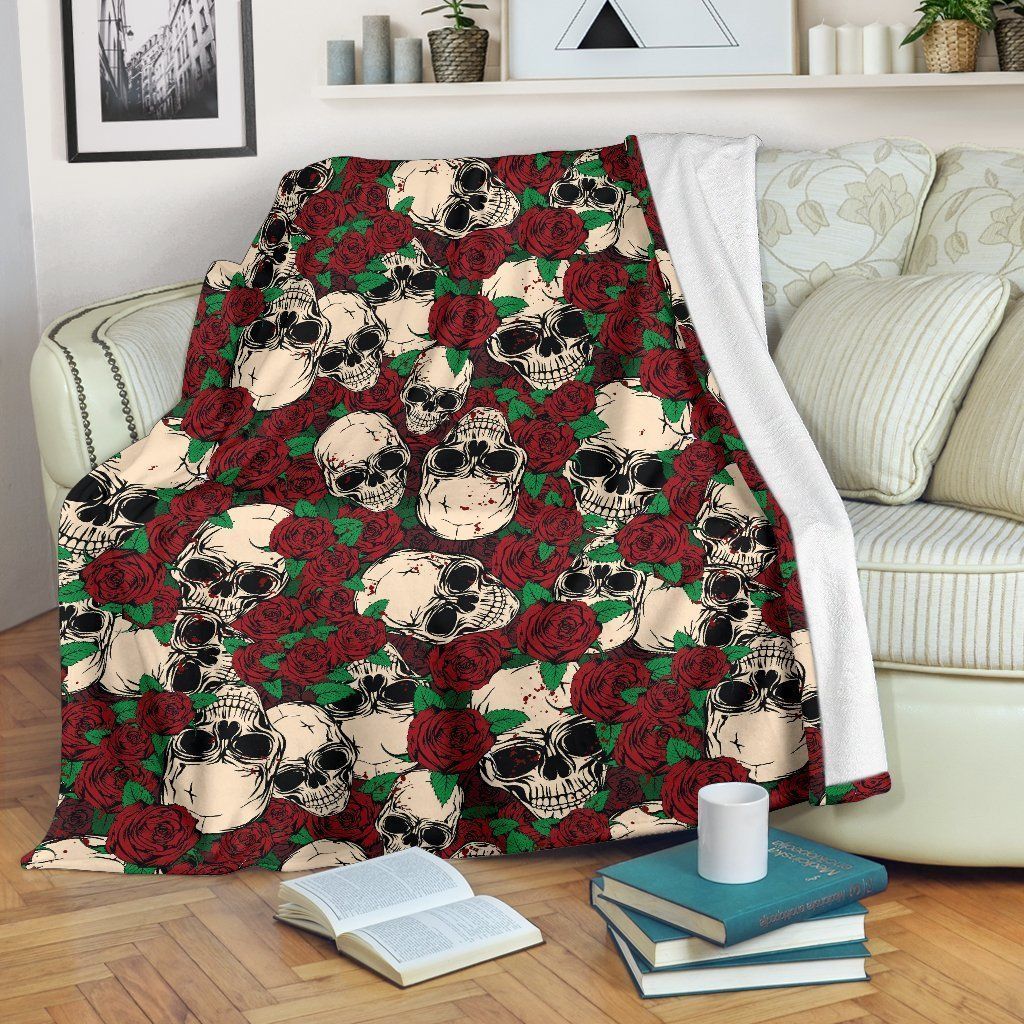 Red Rose Skull Sherpa Fleece Blanket
