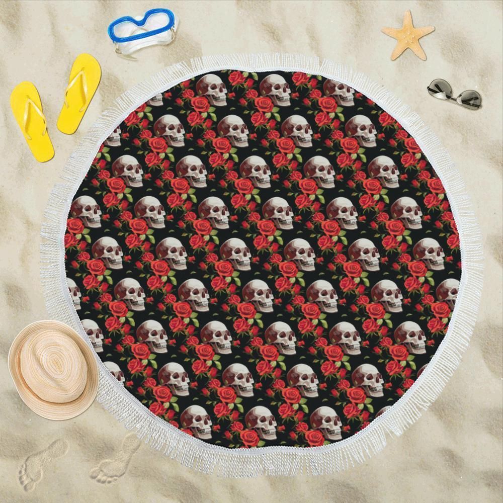 Red Rose Skull Design Printed Round Beach Towel