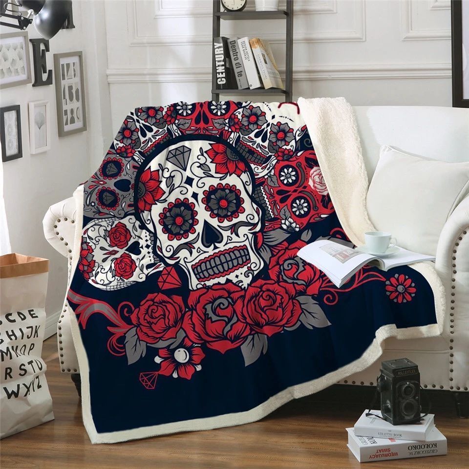 Red Roses Sugar Skull Sherpa Fleece Blanket