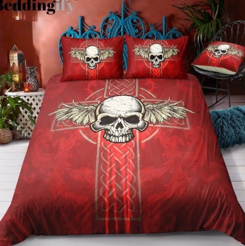 Red Skull Cross Bedding Set