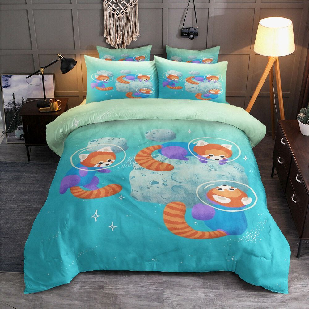 Red Space Pandas In Bright Skies Bedding Set