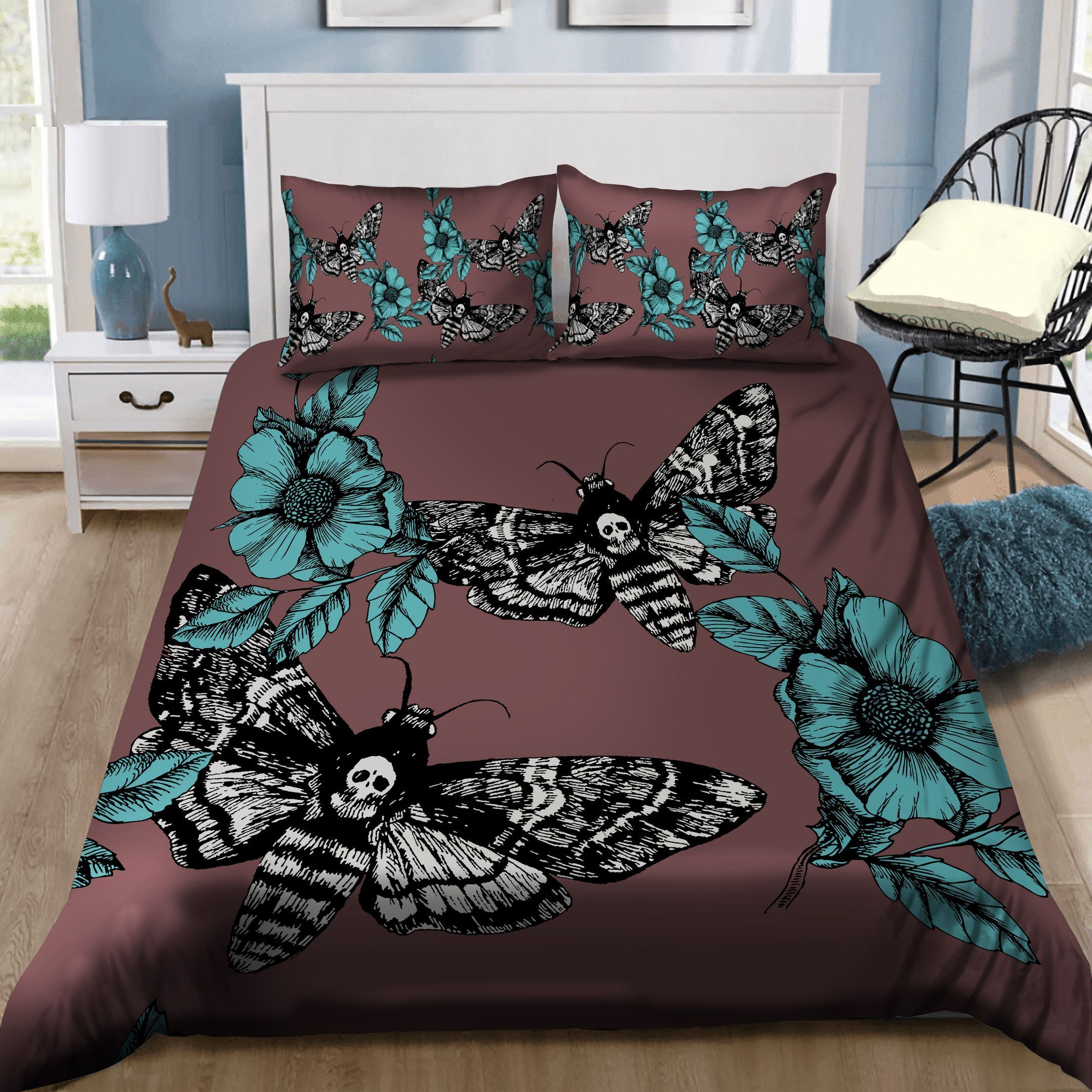 Red Teal And Beige Death Moth Skull Bedding Set