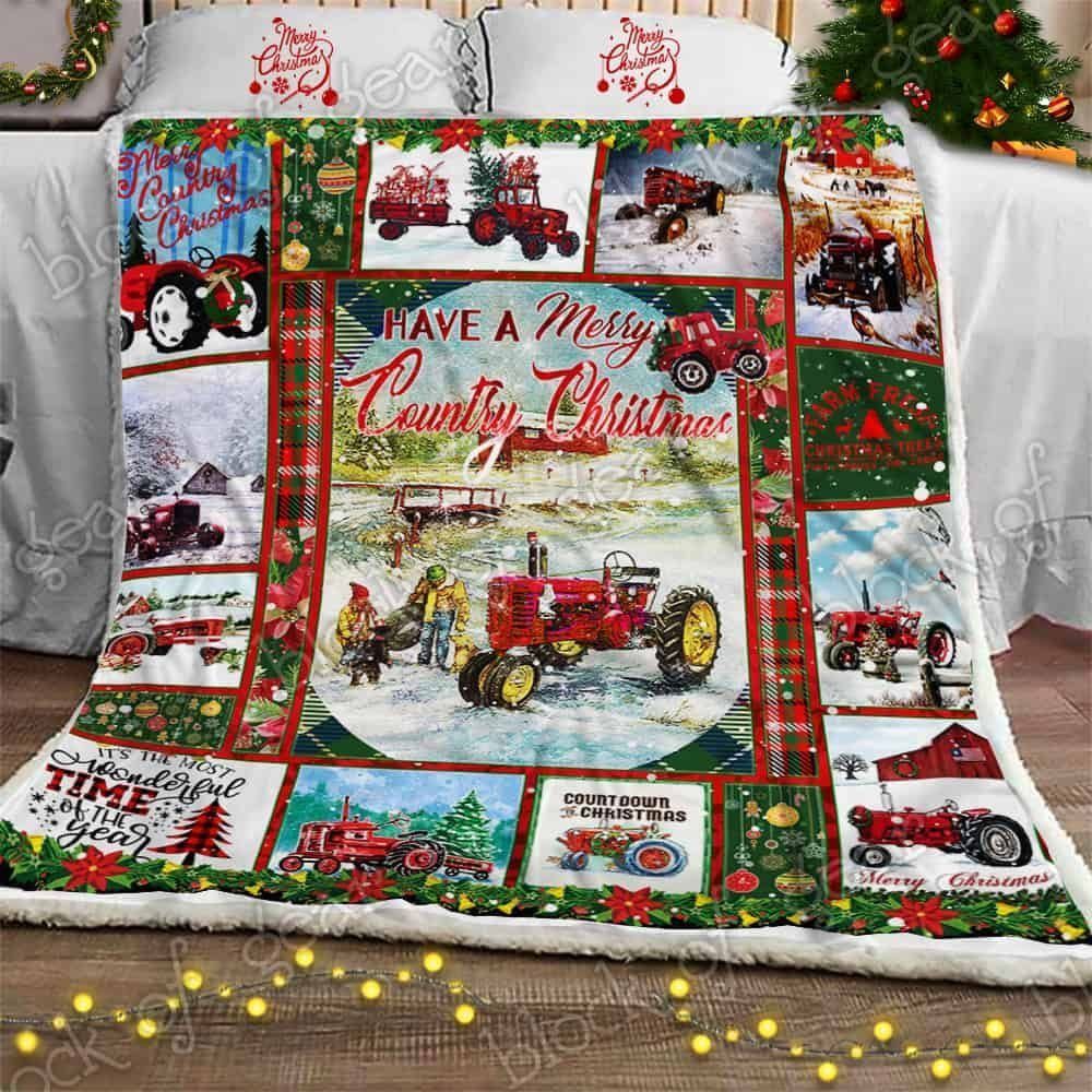 Red Tractor Country Christmas Sherpa Fleece Blanket