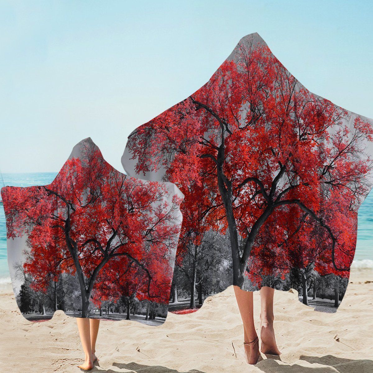 Red Tree Nostalgia Gray Sky Printed Hooded Towel