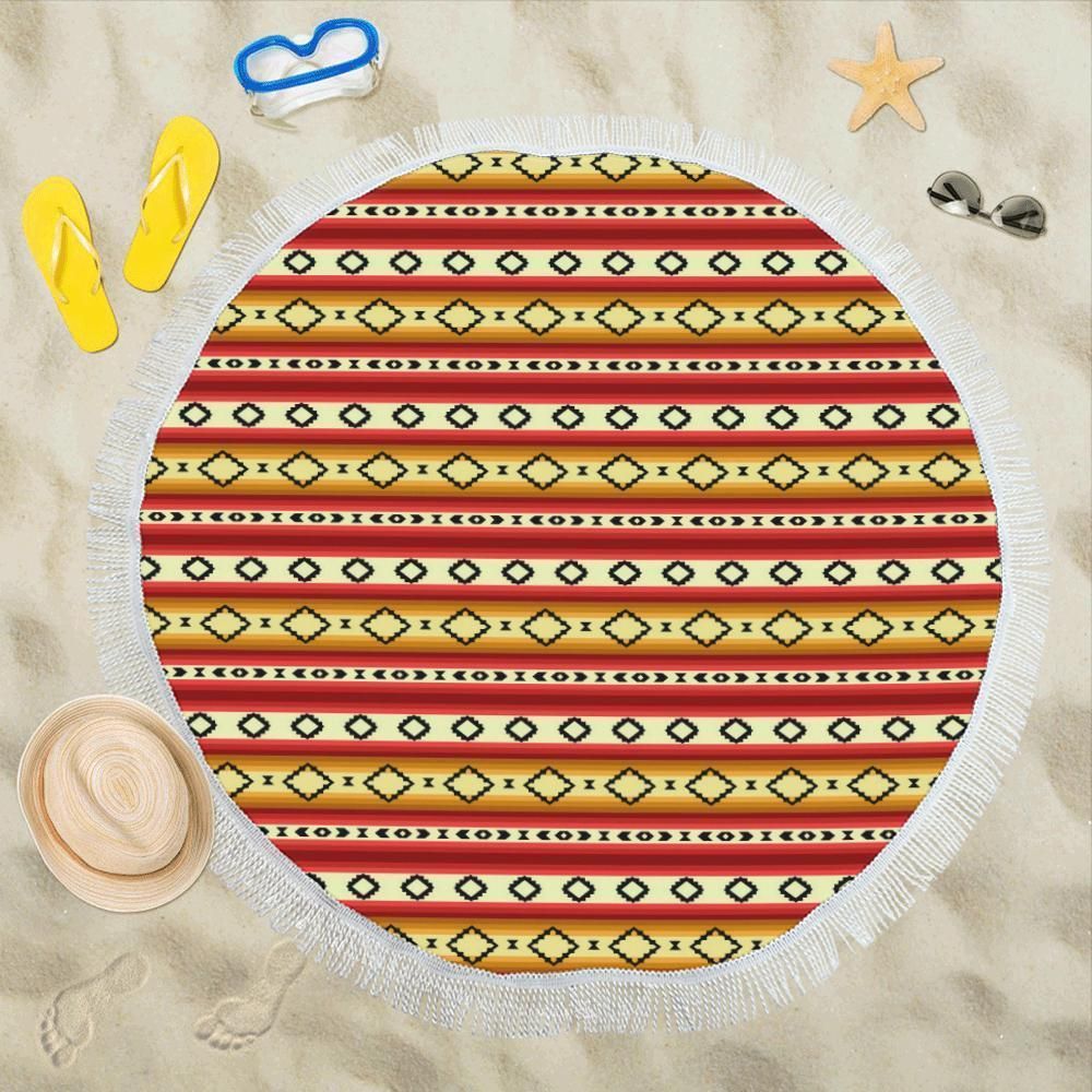 Red Yellow Serape Themed Round Beach Towel