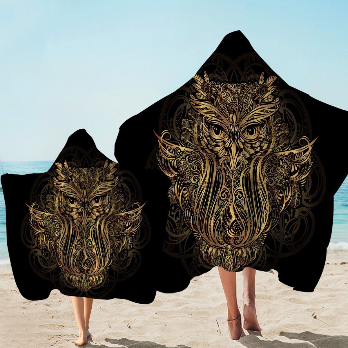 Regal Owl On Black Printed Hooded Towel