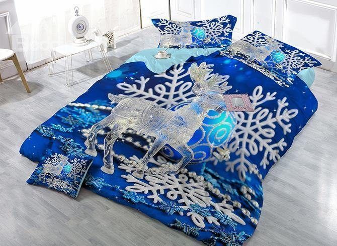 Reindeer Blue Snowflake Bedding Set