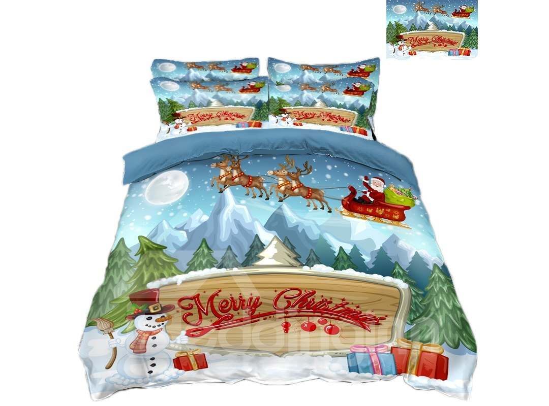 Reindeer Pull Santa’s Sleigh And Snowman Bedding Set