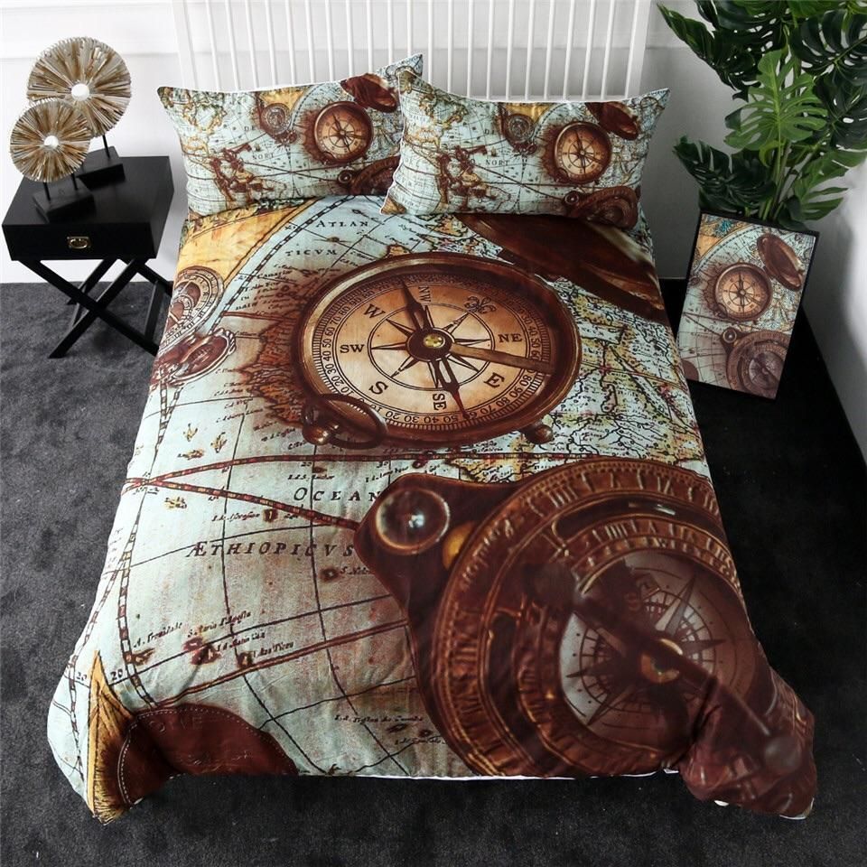 Retro Compass World Map Bedding Set
