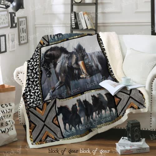Riding Black Horse Sherpa Fleece Blanket