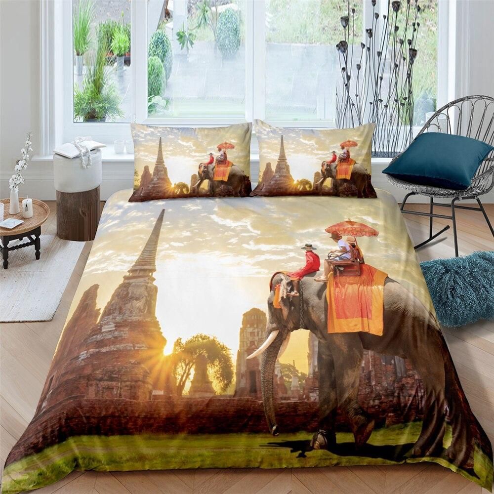 Riding Elephant Ancient Temple Bedding Set