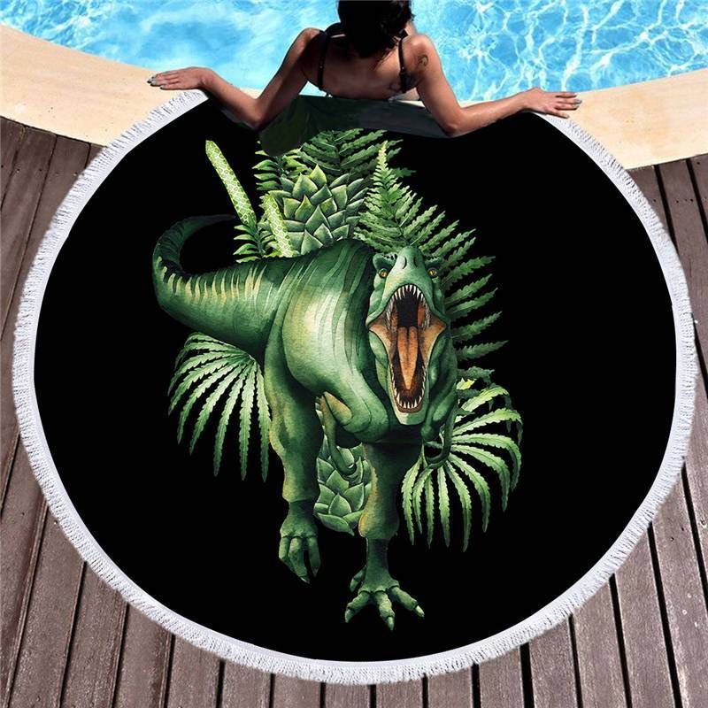 Roaring Green Dinosaur Printed Round Beach Towel
