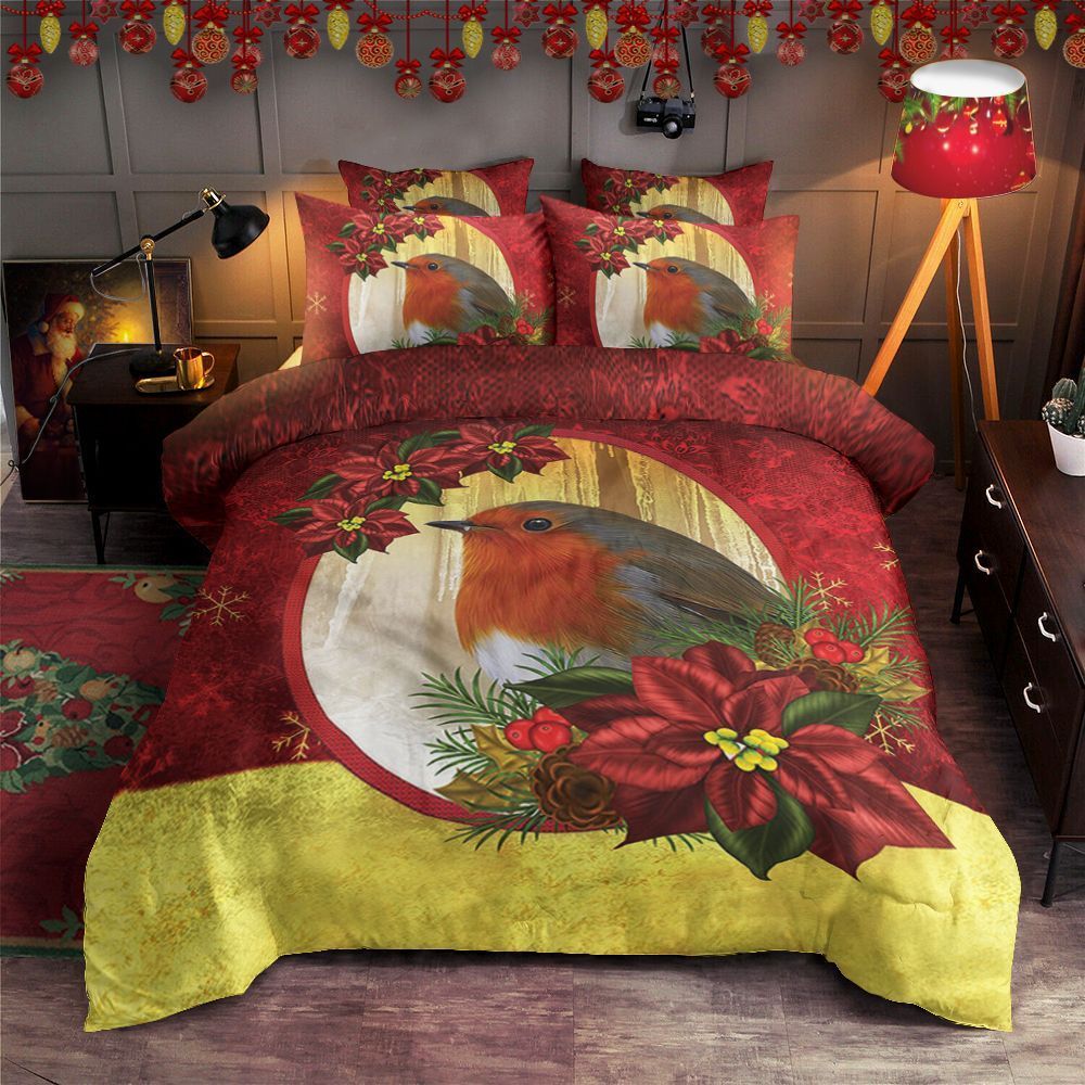 Robin Bird With Poinsettia Bedding Set