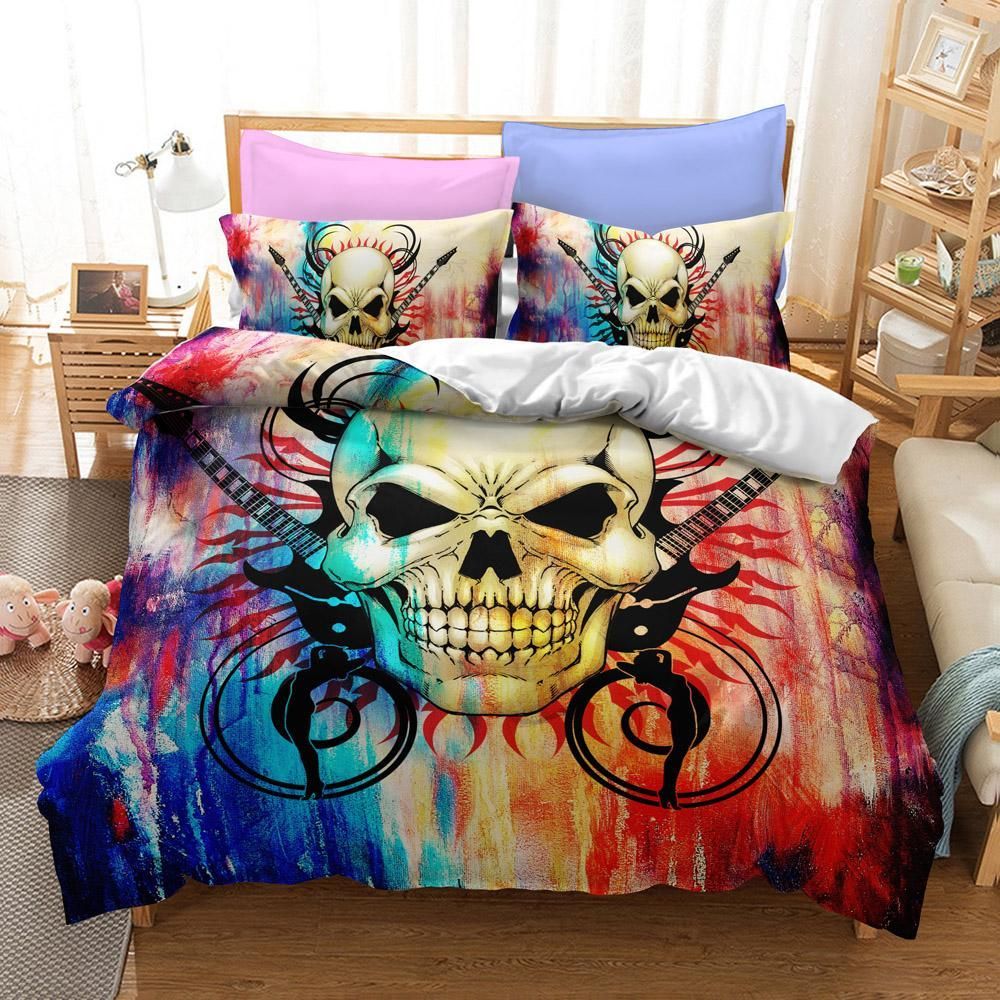 Rock Guitar Skull Colored Printed Bedding Set
