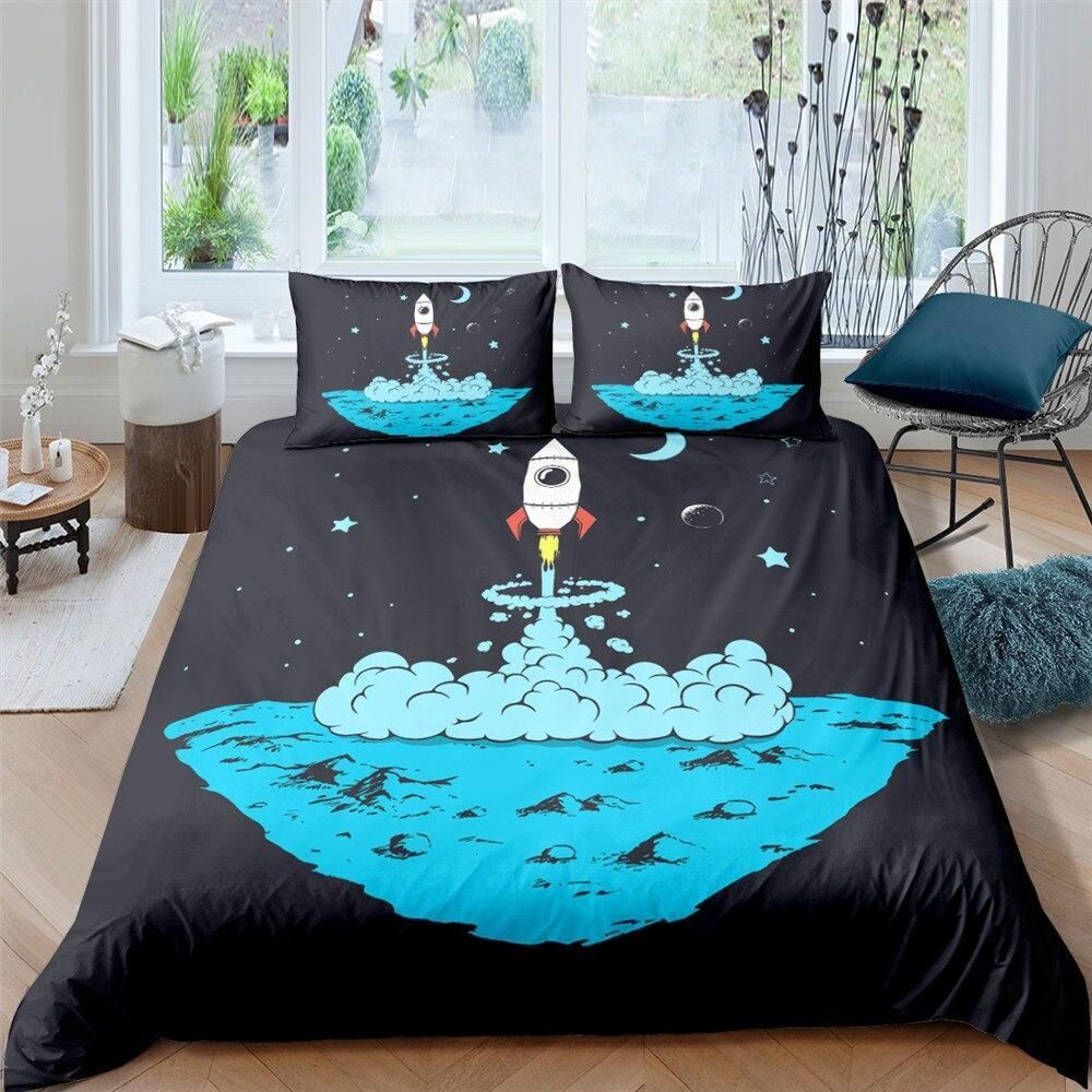 Rocket Launch Black Background Bedding Set