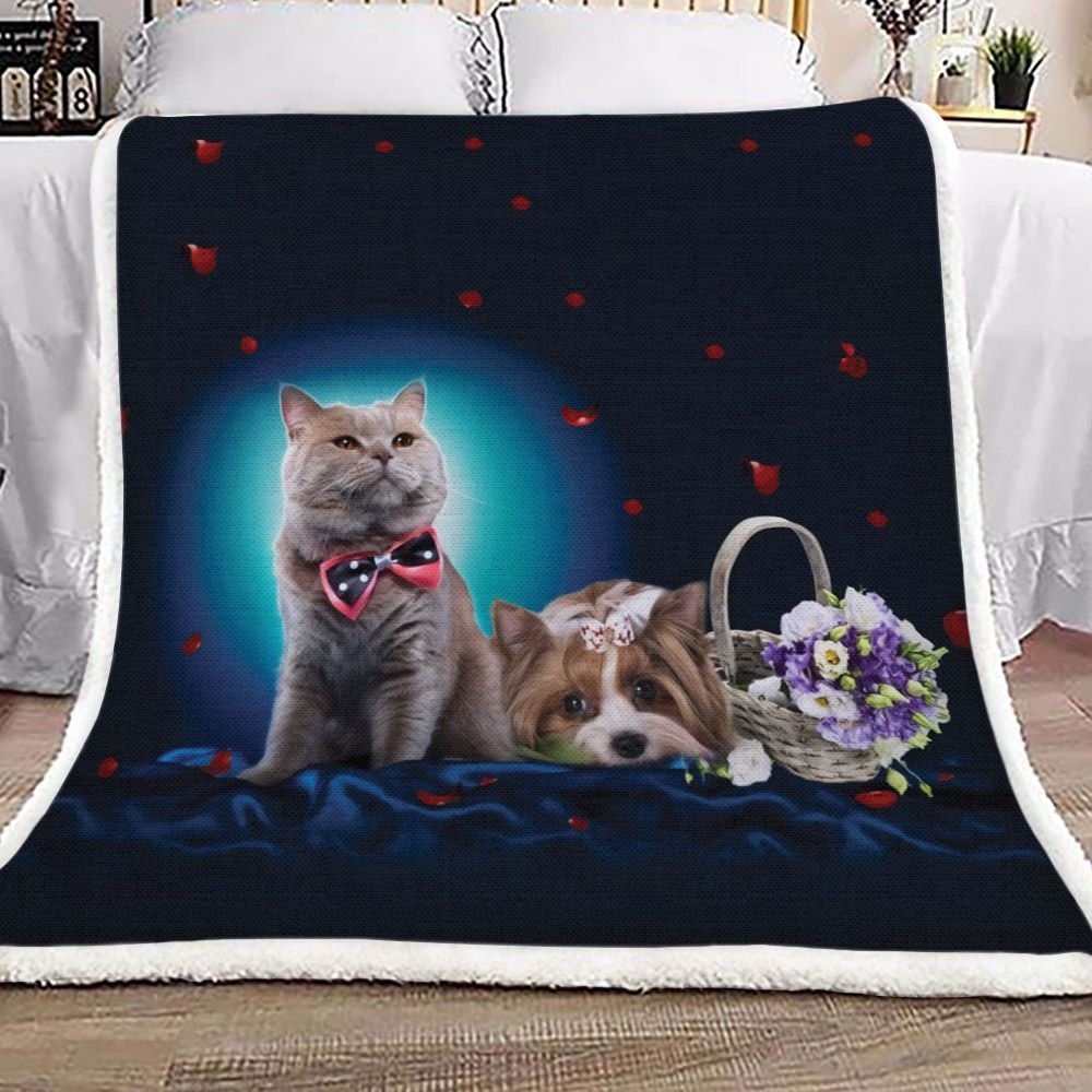Romantic 3d Cat And Dog Flower Sherpa Fleece Blanket