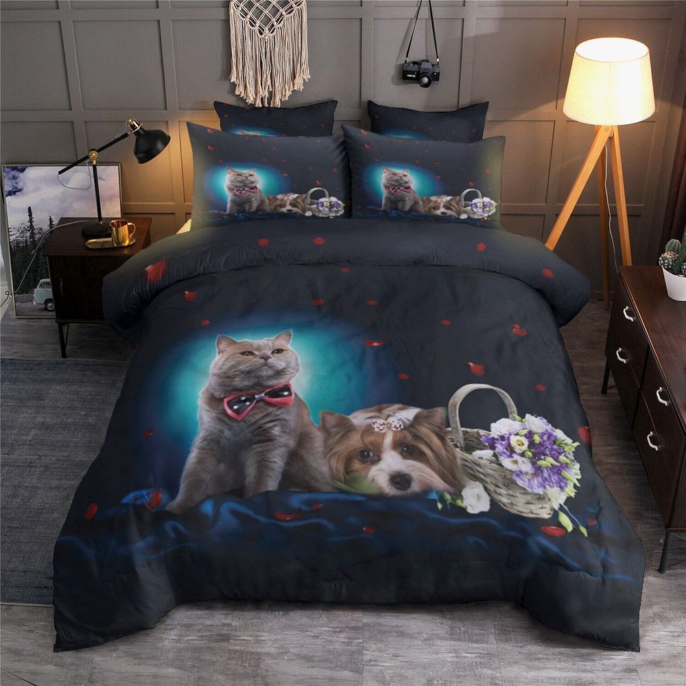 Romantic 3D Cat And Dog Flower Bedding Set