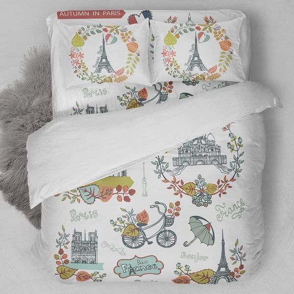 Romantic Autumn Paris Vintage Postcard Bedding Set