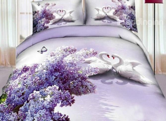Romantic Lilac And White Swan Couple Bedding Set