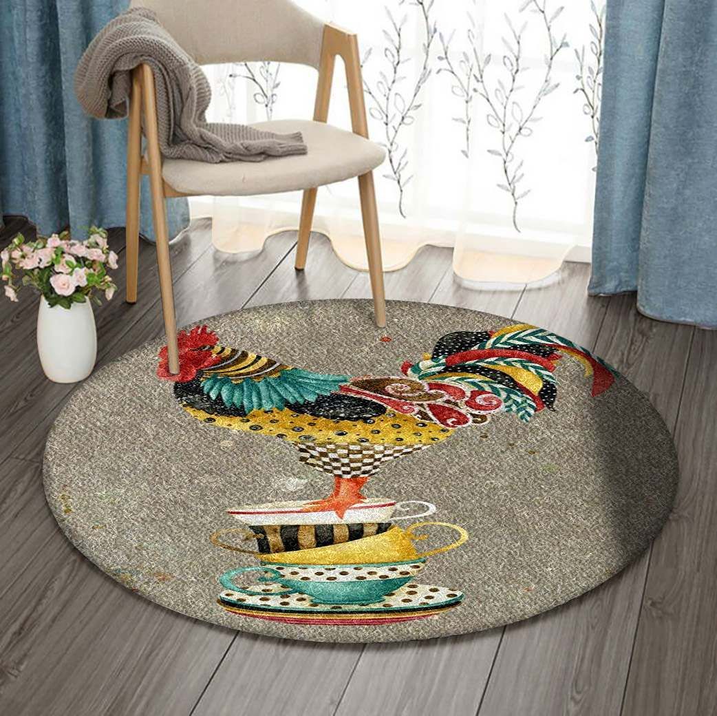 Rooster And Tea Cups Round Carpet