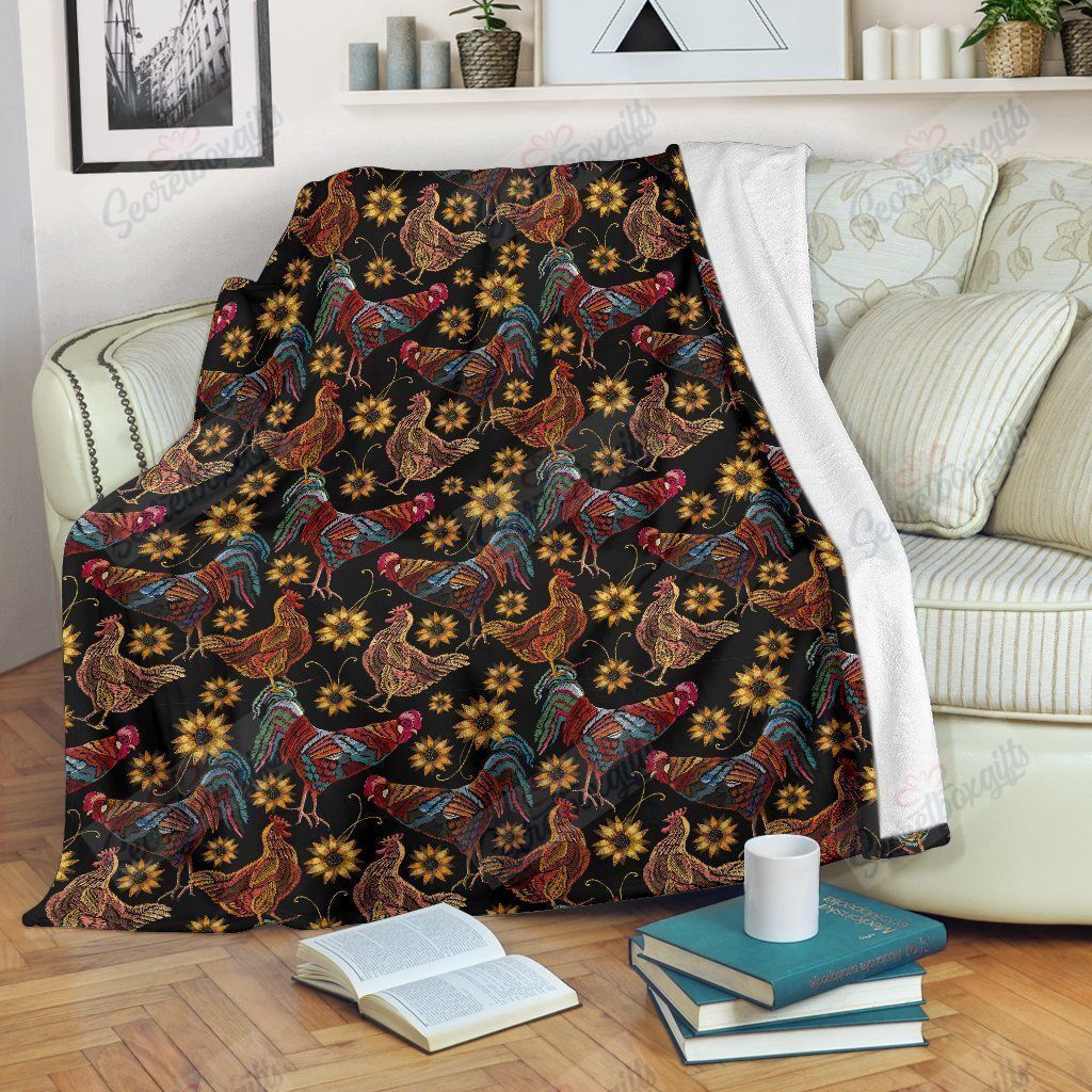 Rooster Chicken Flower Pattern Fleece Blanket