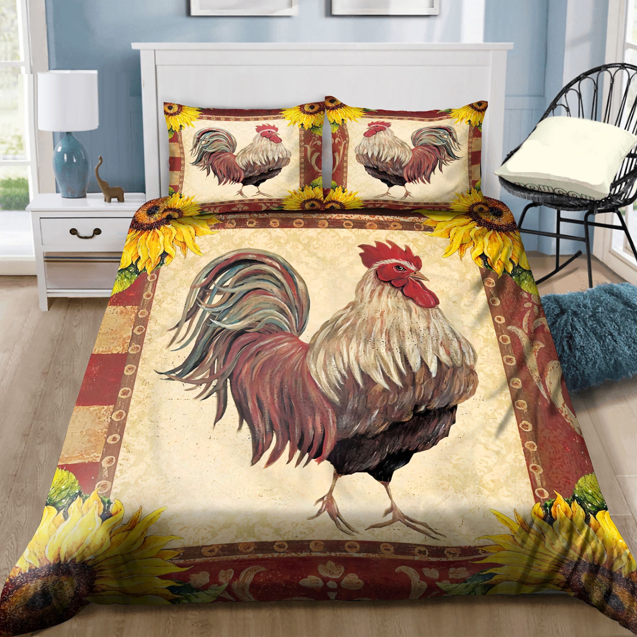 Rooster Chicken Sunflower Bedding Set