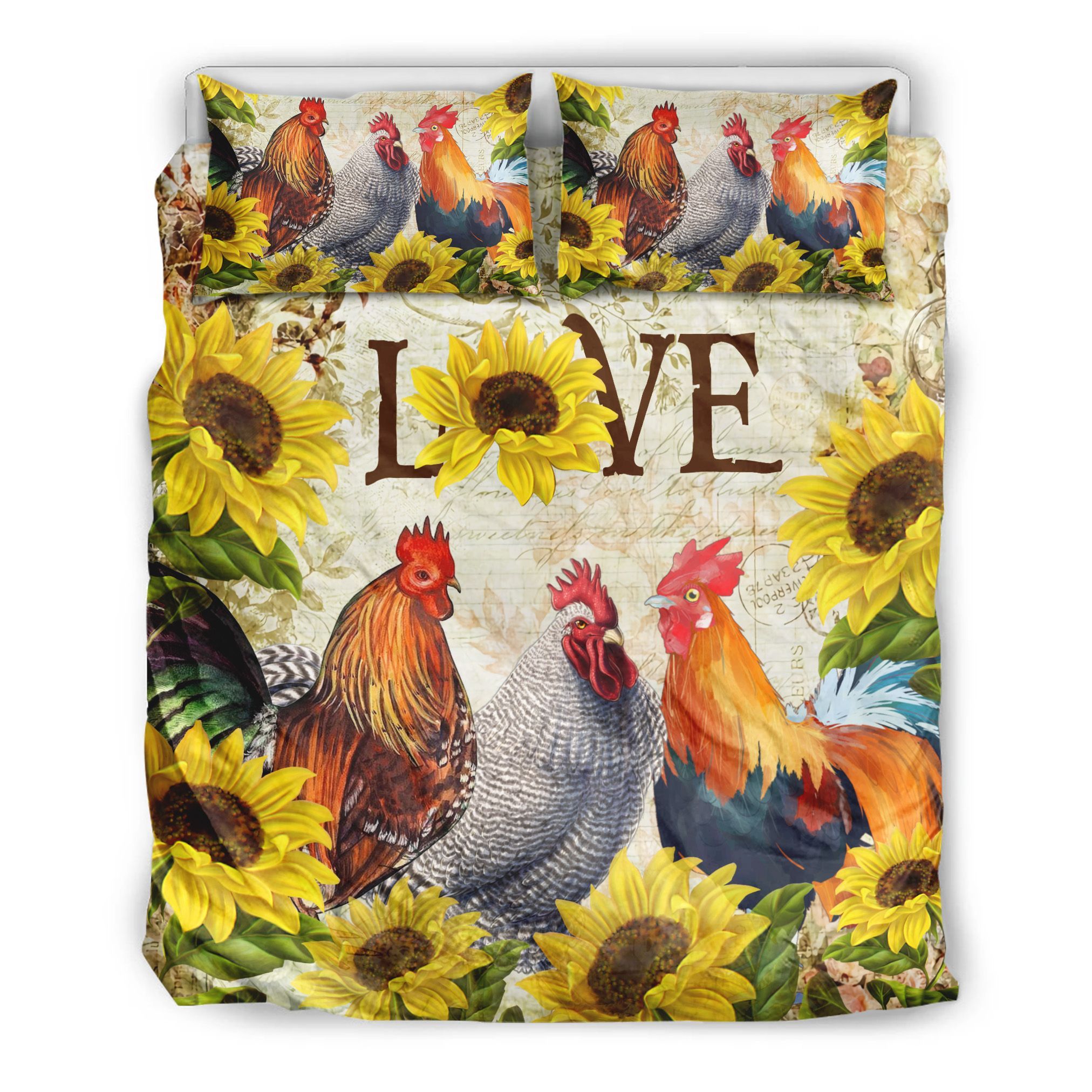 Rooster Chicken Sunflower Vintage Bedding Set