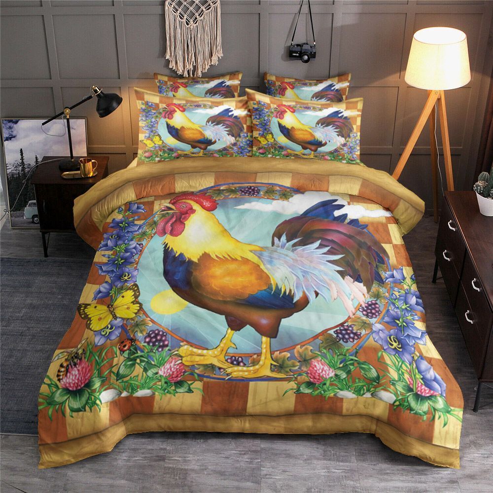 Rooster Colorful Flower And Butterfly Bedding Set