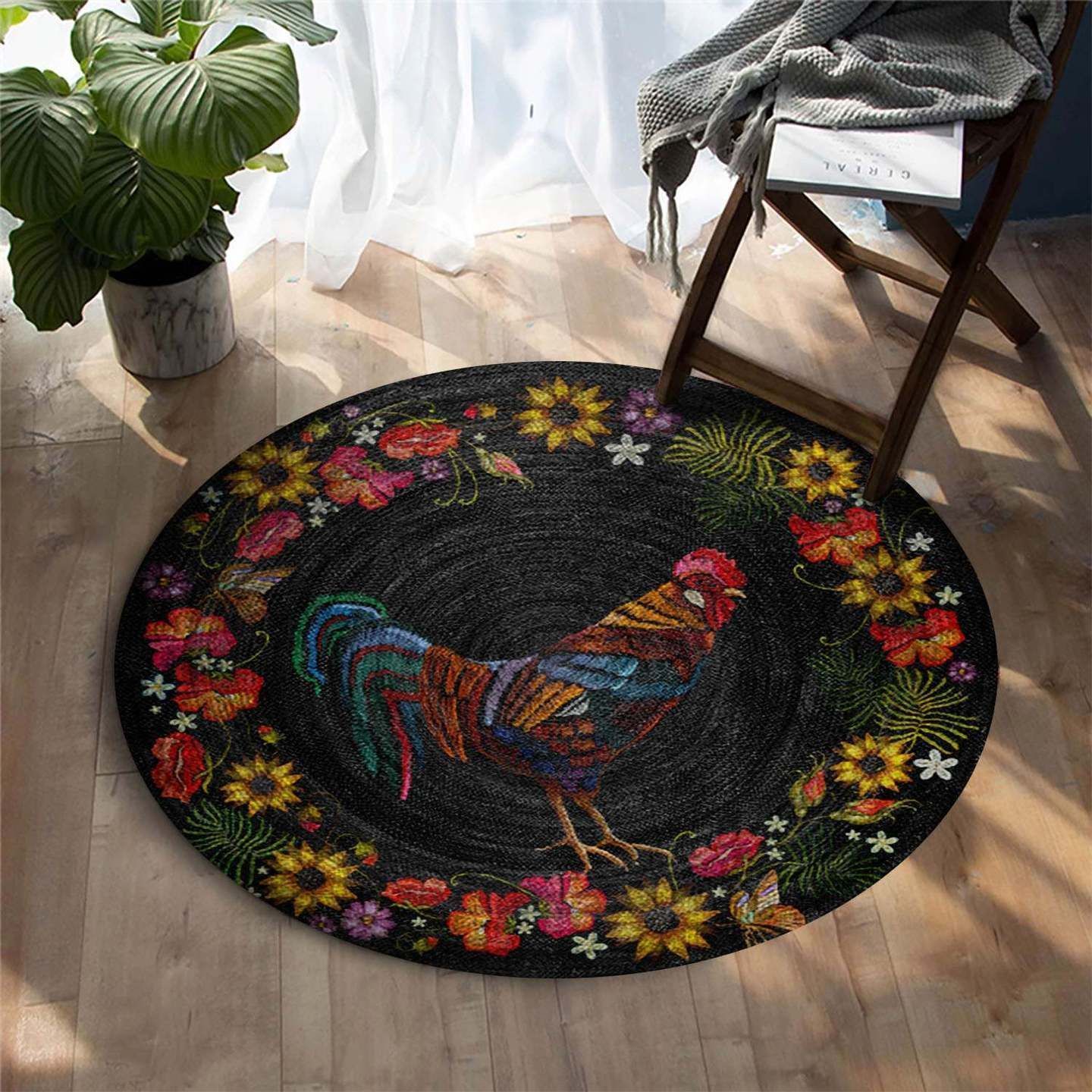 Rooster Flowers Round Carpet