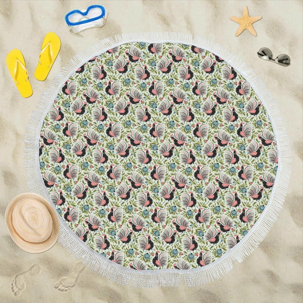Rooster Rise And Shine Pattern Printed Round Beach Towel