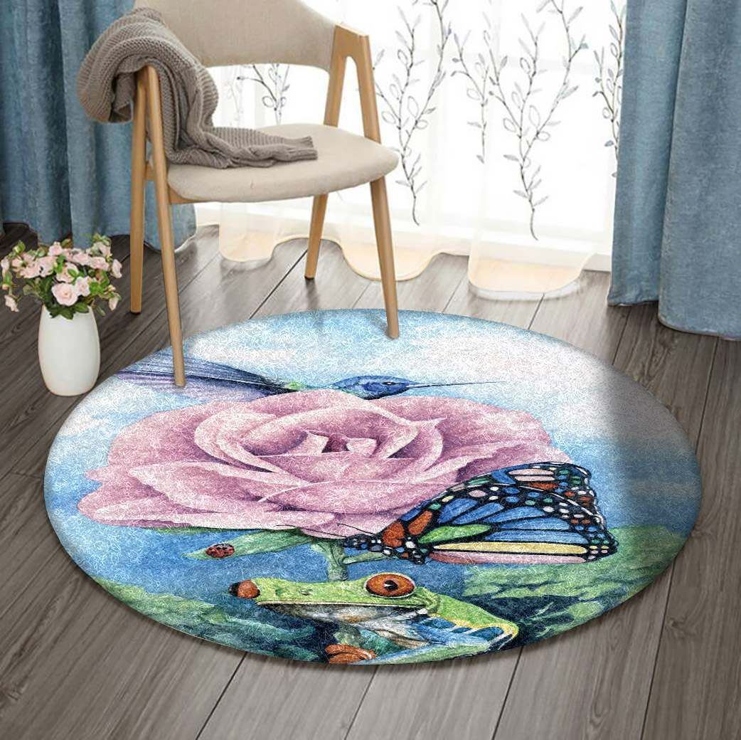 Rose Bird Butterfly And Frog Round Carpet