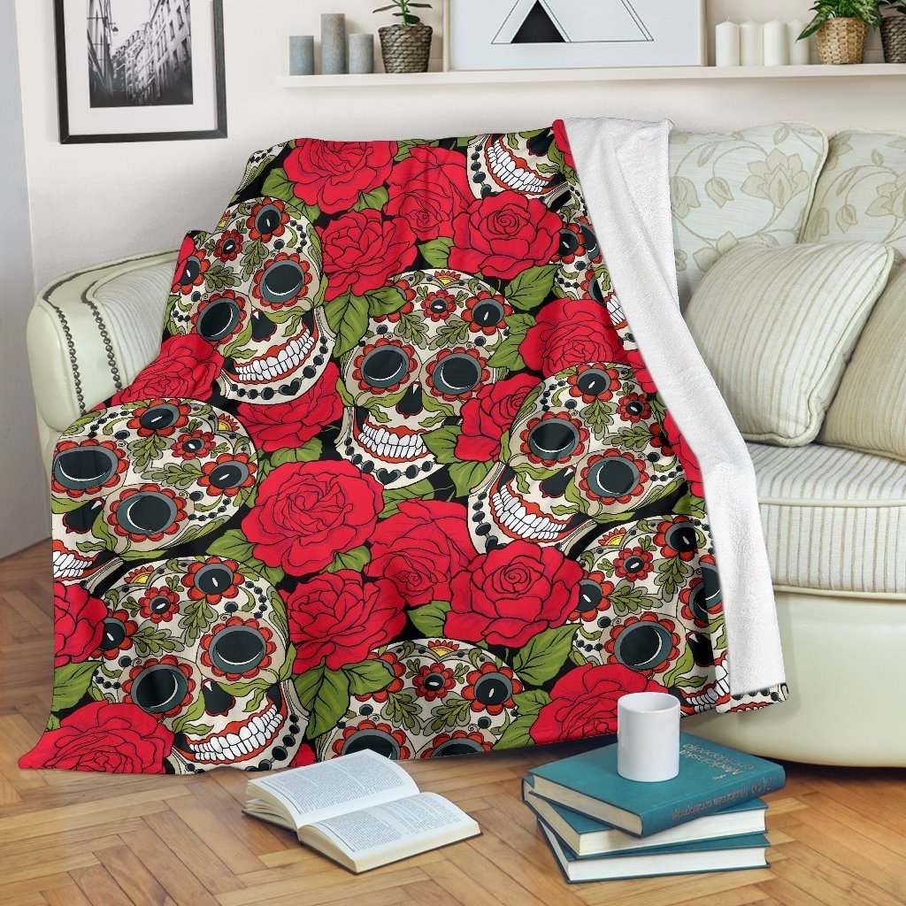 Rose Floral Sugar Skull Sherpa Fleece Blanket