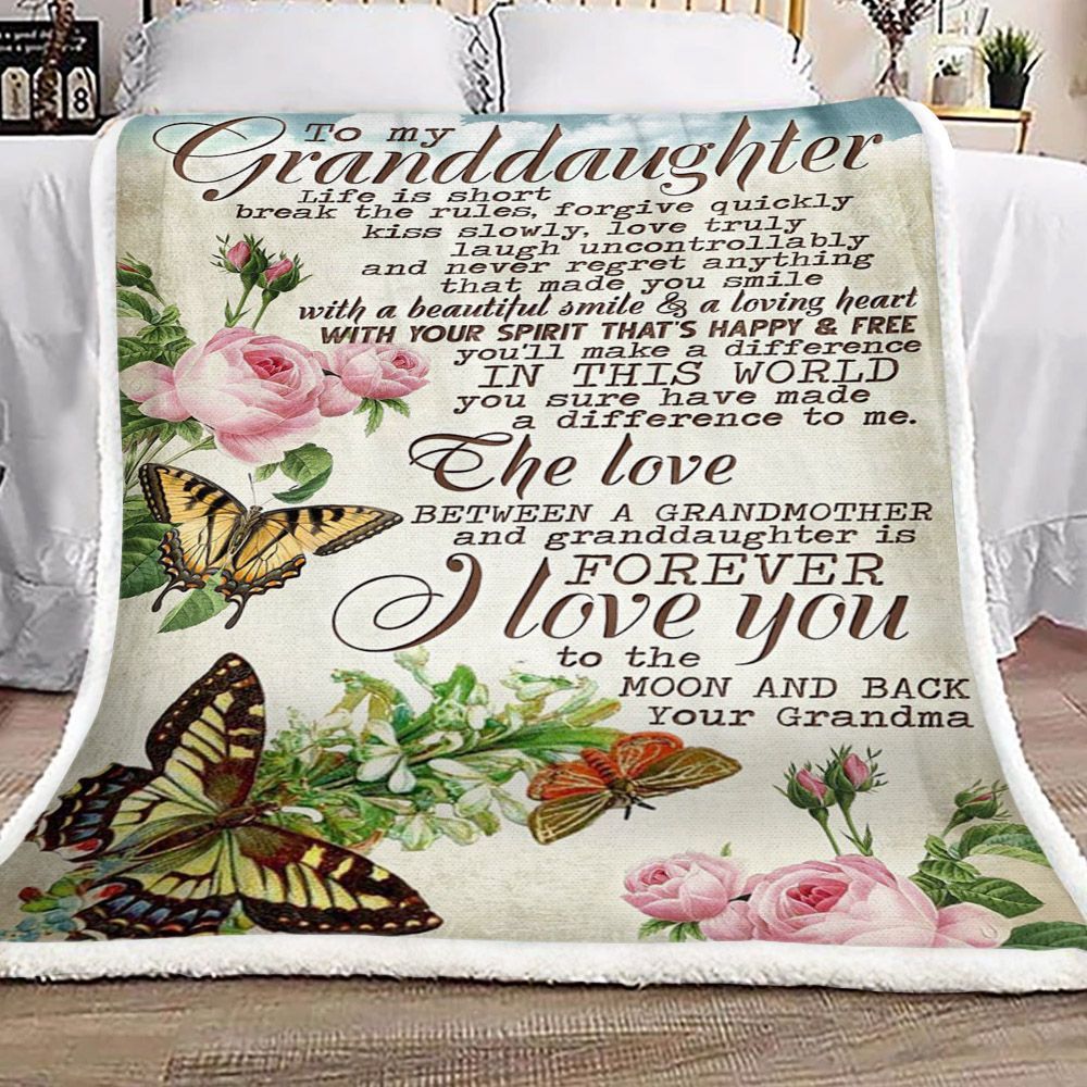 Rose Flower Butterfly To My Granddaughter Your Grandma Sherpa Fleece Blanket