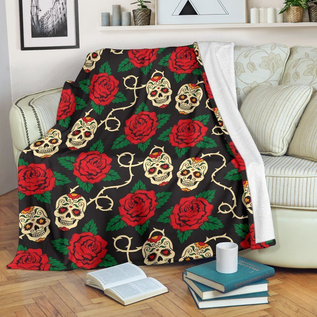 Rose Flower Sugar Skull Sherpa Fleece Blanket